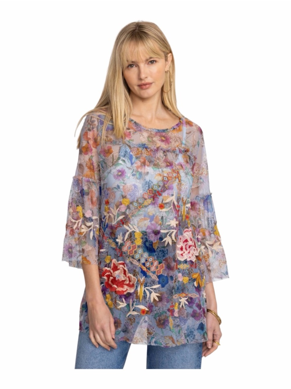 Johnny Was Flora Dancer Mesh Top w/ Blue Camisole Sheer Embroidered Boho Tunic S